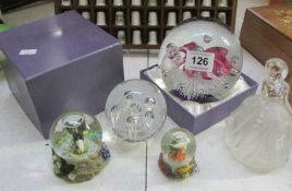 A large glass paperweight and 4 other items