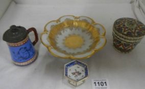A small pewter lidded jug, German porcelain dish, lidded pot and pin dish