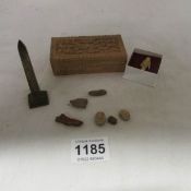 A mixed lot including matchstick doll, carved box, scarabs etc