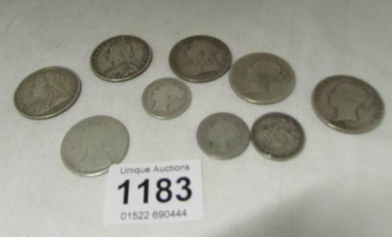 A Victorian 1874 and 1879 half crown and 7 other silver coins 93gms