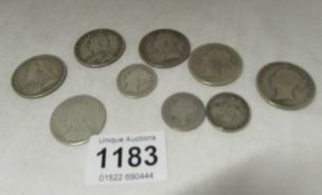 A Victorian 1874 and 1879 half crown and 7 other silver coins 93gms
