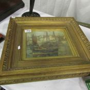 A gilt framed oil on canvas, harbour scene, signed A macdonald, 24 x 19.5cm