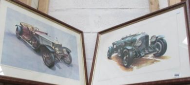 2 prints, 1914 Rolls Royce silver ghost and 1929 Bentley signed by artist