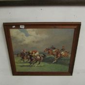 An oil on canvas horse race scene signed Benyovszky