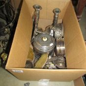A box of silver plate candlesticks, biscuit barrel etc