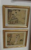 2 framed paintings on silk, a/f