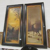 A pair of oak framed oils on canvas of stags signed O Panberry 2/1914, 32 x 93.5cm