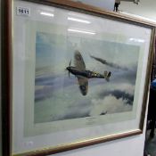 A Battle of Britain L.E Spitfire Dogfight print signed by pilot Bobby Oxspring
