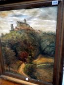 An oil on canvas landscape of monastry on hill, unsigned