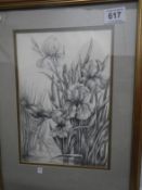 A framed charcoal drawing floral still life signed Hasler