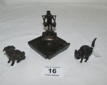 A cold cast bronze and 2 spelter figures