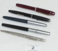 4 fountain pens and a silver propelling pencil