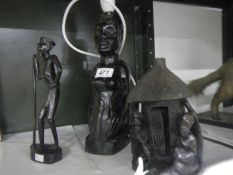 3 ebony Tribal figures (one being a lamp base)