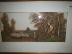 A rural scene watercolour shepherd with sheep signed Hines