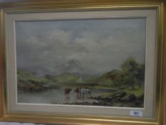 An oil painting of Scottish Loch with highland cattle signed J Johnson, 1907