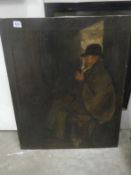 An unframed oil on canvas of a gentleman smoking pipe (63 x 77cm)