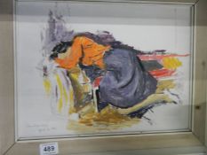 A framed oil on board of lady in orange top by Franklin white, April 4 1966