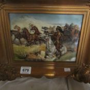 A German porcleain plaque in gilt frame depicting Red Indian attacking stage coach, image 23 x 17cm