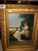 Gilt Framed Oil on Board ' Portrait of a Lady Sewing' Signed but indistincy 19cm x 28cm