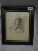 A framed pencil and watercolour portrait of a lady, unsigned