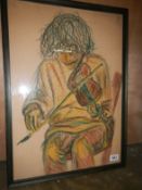 A pastel drawing of a violinist signed by G Malone