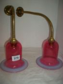 Pair of Flexible Brass Wall Lights with Overlaid Cranberry Glass Shades