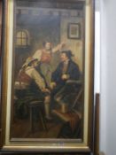 A German oil on canvas 'Figural Tavern scene' signed Meyer, image 48 x 98 cm