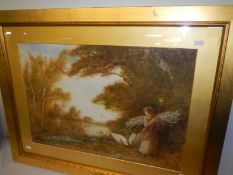 A watercolour of a lady and swans signed Fred Hines (glass af)