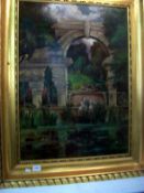 Gilt Framed Oil on Board 'Romaneqsue Garden with Lake' Unsigned 78cm x 56cm