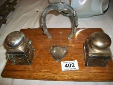 Desk Stand with Silverplate Top Ink Bottles and Horseshoe Pen Holder