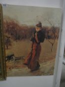 An unframed print of a lady walking dogs in autumn