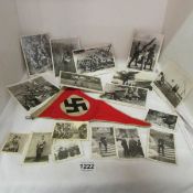 A WW2 German Nazi flag (possibly off a staff car), photographs and postcards