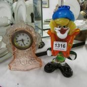 A Murano glass clown and a glass clock