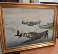 A gilt framed oil on canvas 'spitfires over Lincolnshire' signed David Waller, 1/1/79