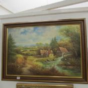 A landscape painting, cottage by river, signed but indistinct