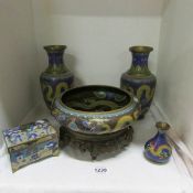 A pair of Cloissonne vases, large bowl, small vase and box