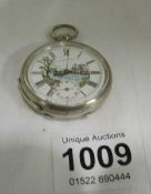 A silver pocket watch with hand painted dial depicting a ship