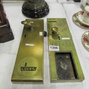 2 old brass penny in slot public toilet locks