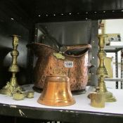 A pair of brass candlesticks, copper coal scuttle etc
