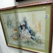 A watercolour of an eastern lady with pagoda in background signed Richard Sheridan