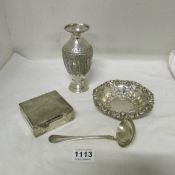 A HM silver box a/f, A white metal vase, dish and ladle