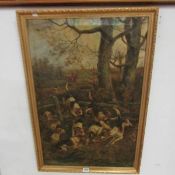 An oil on canvas hunting scene, signed but indistinct