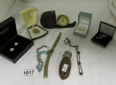 A mixed lot of jewellery including wristwatch, travel clock, purse etc