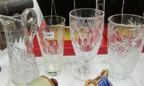 3 cut glass vases and a jug including Rover club trophy