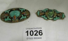 2 Egyptian enamel and stone set brooches