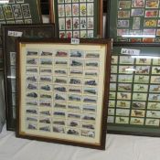 4 framed sets of cigarette cards, cricketers, trains and dogs