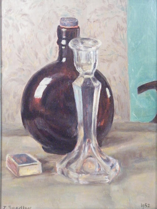 Dr Joseph Smedley: still life oil on board study of glass candlestick, bottle and matchbox -