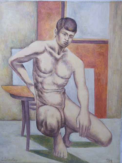 Dr Joseph Smedley:an original oil on canvas of kneeling young naked male with cubist background -