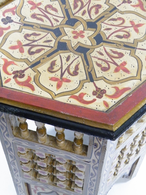 An unusual Moorish hexagonal table with spindle worked open panels and profuse handpainted - Image 2 of 2