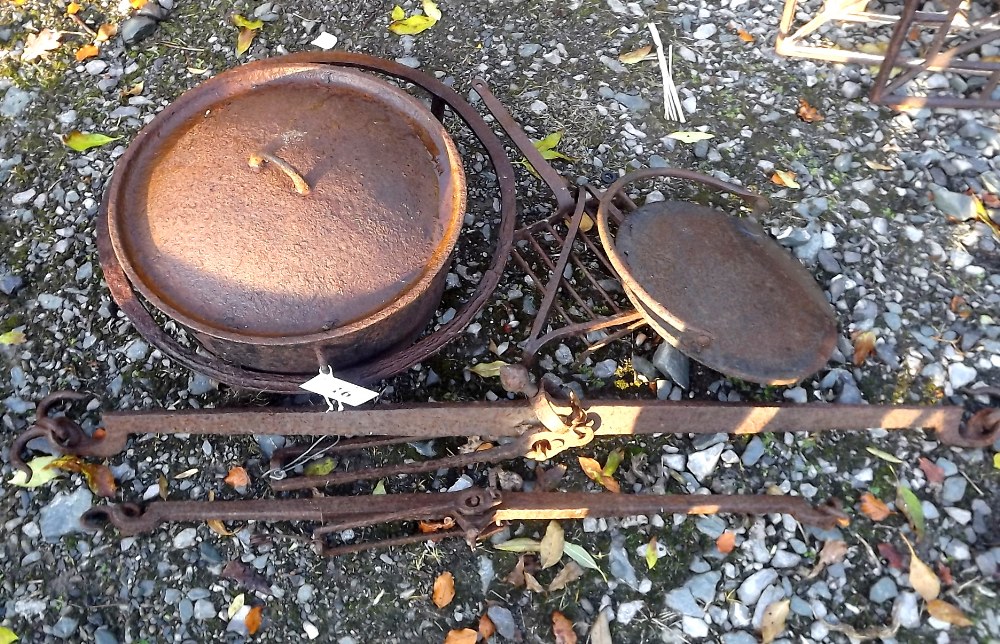 Miscellaneous collection of 19th. C. pots griddle beam scales etc.